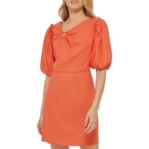 NEW DKNY sz XL Womens Linen Pink Puff Sleeve Fit Flare Zip Dress Feminine Dainty